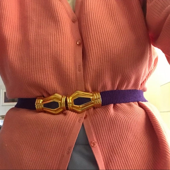 Designer Purple Knit Belt Gold Color Enamel on Both Parts of Buckle 31 7/8” Long - Picture 14 of 16